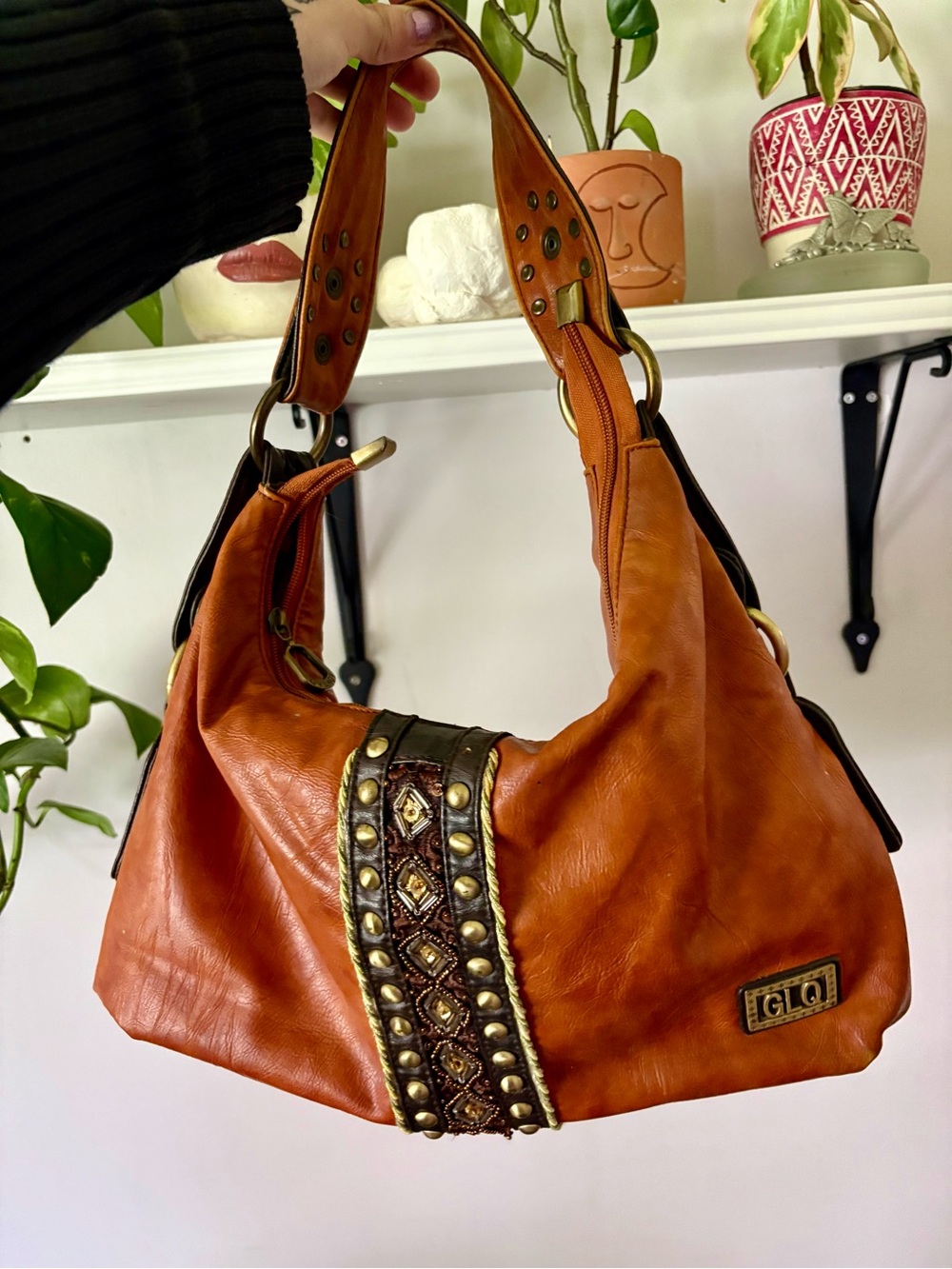 GLO jeans Burnt Orange Leather Studded Hobo Shoulder Bag